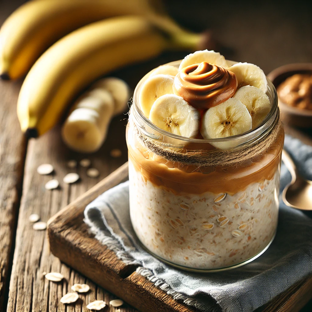 A jar of overnight oats with banana slices and a drizzle of peanut butter on top, placed on a wooden table