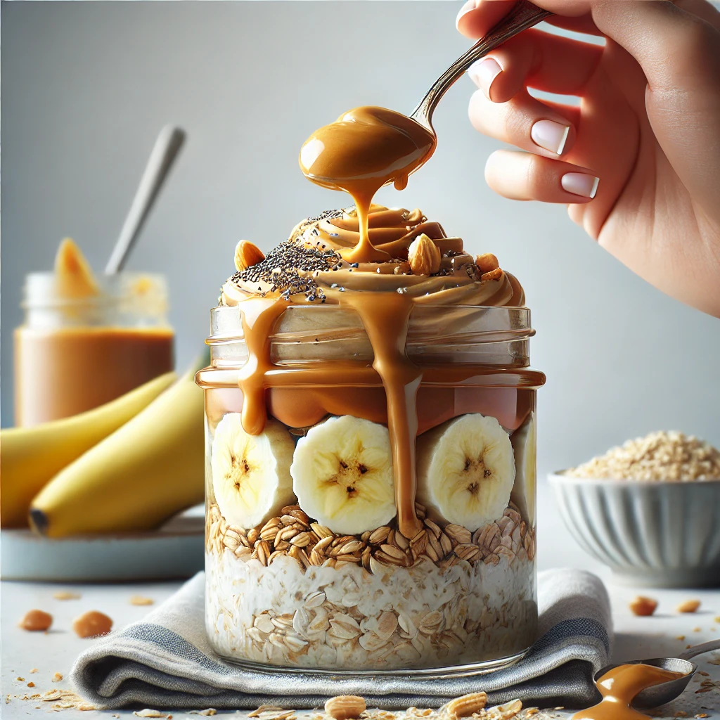 Peanut butter overnight oats jar with banana slices, chia seeds, and almond topping.