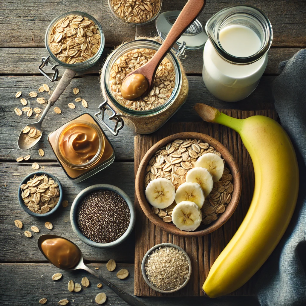 Flat lay of ingredients for overnight oats, including rolled oats, banana, peanut butter, chia seeds, and milk