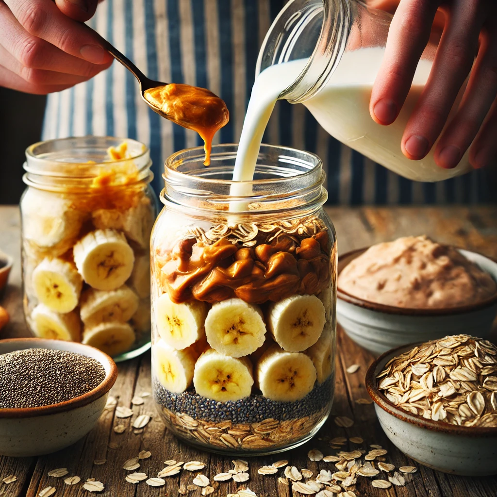 Step-by-step image showing oats, mashed banana, and peanut butter being mixed in a mason jar.