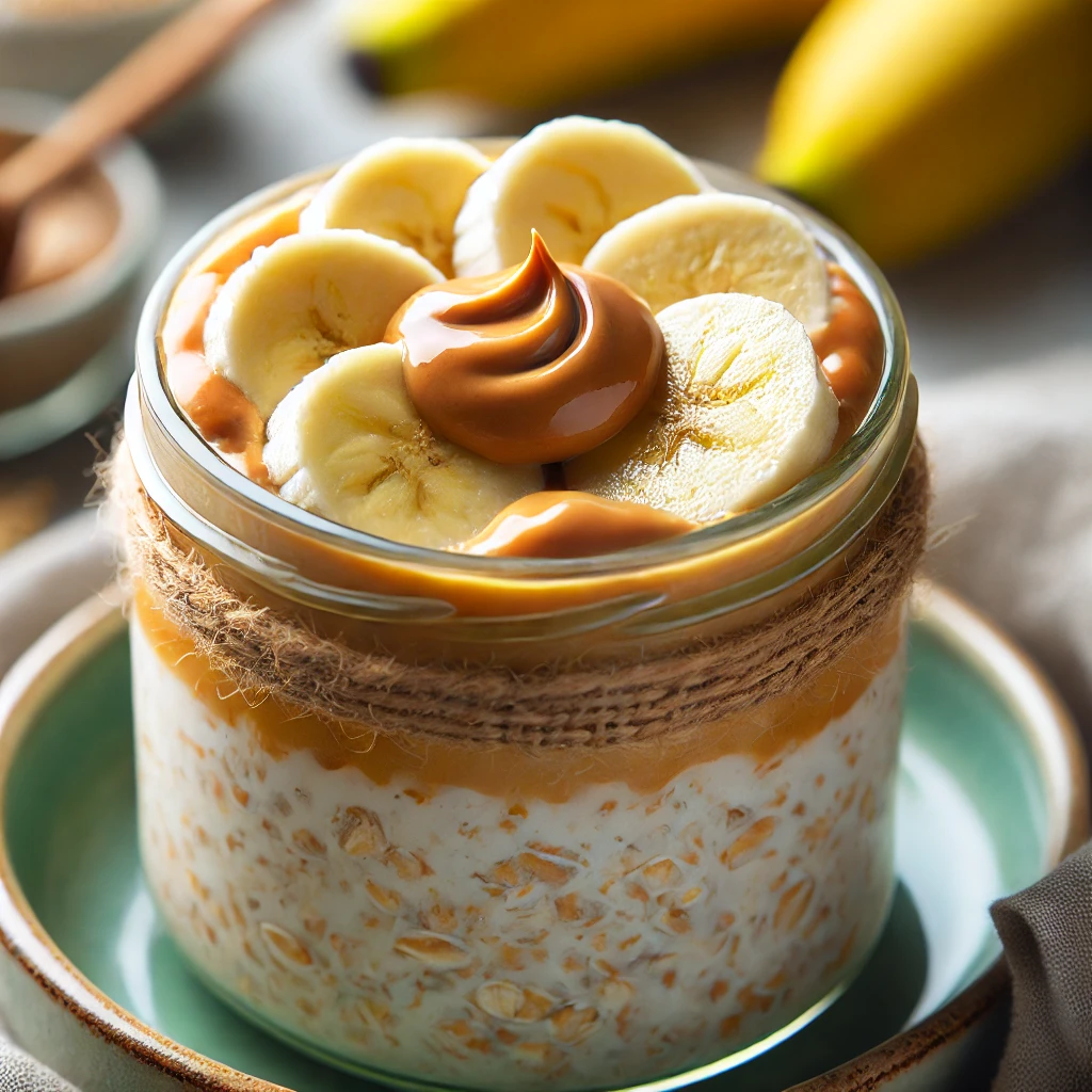 Close-up of creamy overnight oats with peanut butter and banana slices in a glass jar.