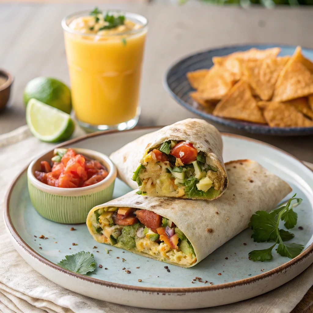 A close-up of a half-eaten gluten-free breakfast burrito, showcasing melted cheese, fluffy eggs, and colorful sautéed veggies inside a warm tortilla