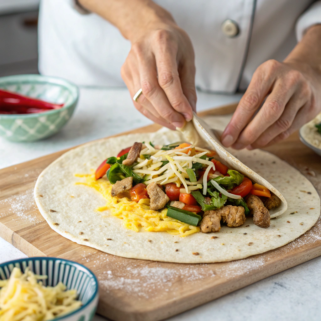 A gluten-free breakfast burrito being assembled with layers of eggs, sautéed vegetables, turkey sausage, and cheese on a warm tortilla