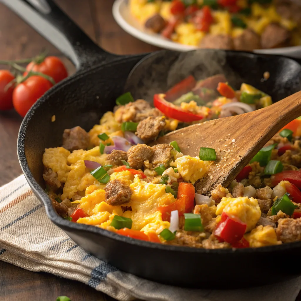 A skillet filled with scrambled eggs, sautéed bell peppers, and turkey sausage cooking for a gluten-free breakfast burrito