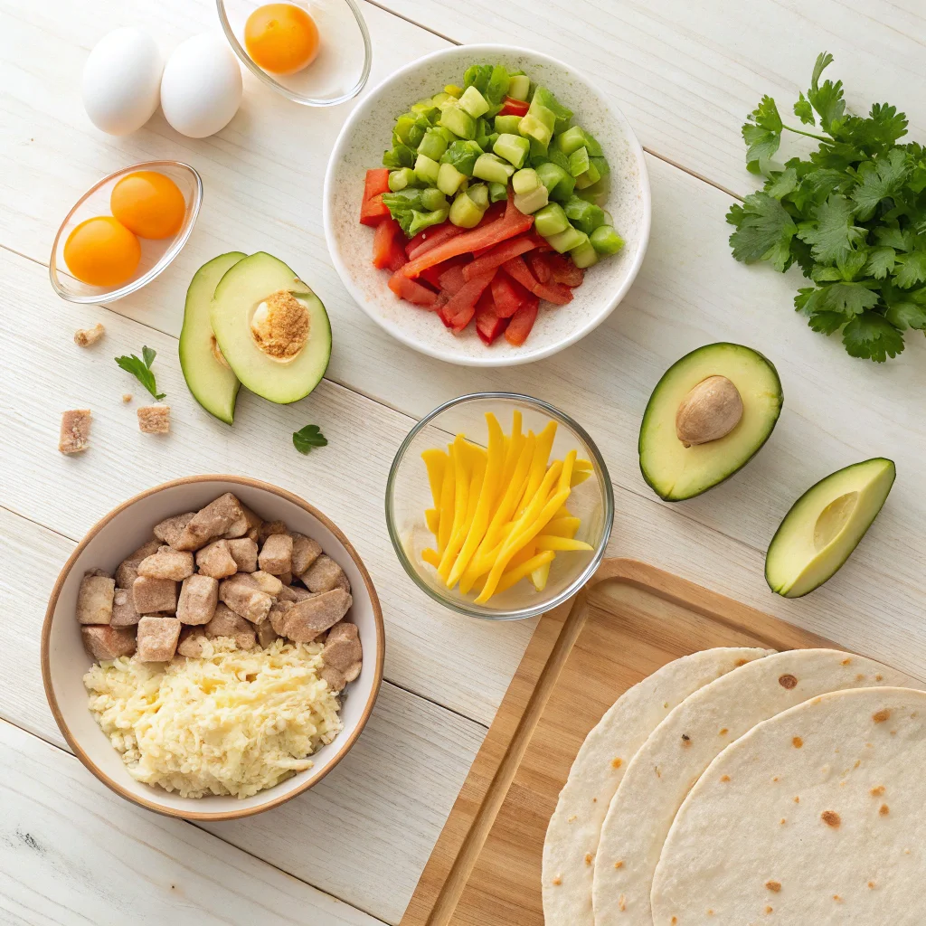 Fresh ingredients for a gluten-free breakfast burrito recipe, including eggs, bell peppers, cheese, turkey sausage, gluten-free tortillas, and herbs, displayed on a kitchen counter.
