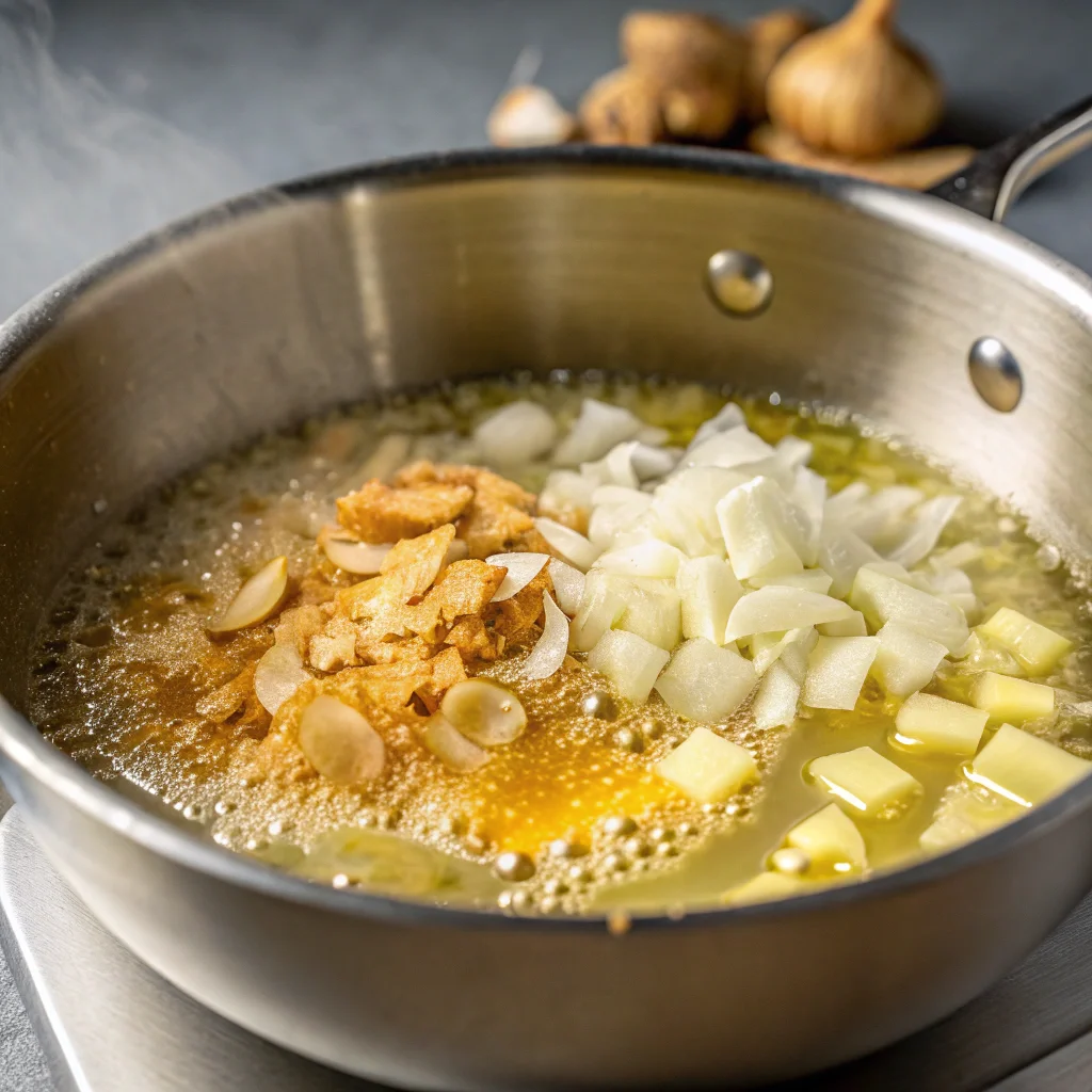 Close-up of onions, garlic, and ginger sizzling in golden butter in a stainless steel pan, creating the aromatic base for keto butter chicken.