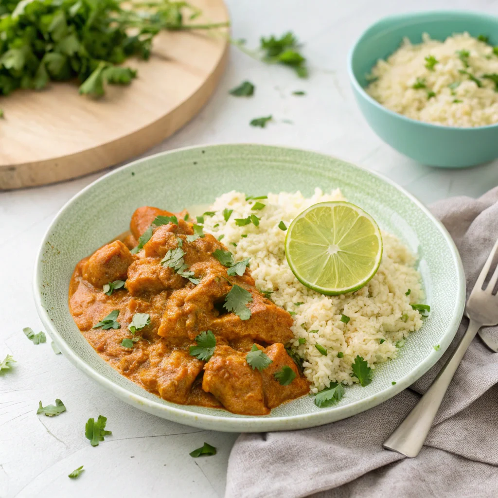 Keto butter chicken served with cauliflower rice and fresh cilantro on a ceramic plate with a lime wedge.
