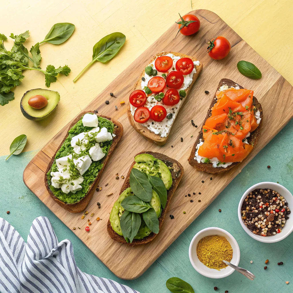 A flat-lay of five different avocado toast variations featuring toppings like smoked salmon, feta cheese, cherry tomatoes, and spicy sriracha.
