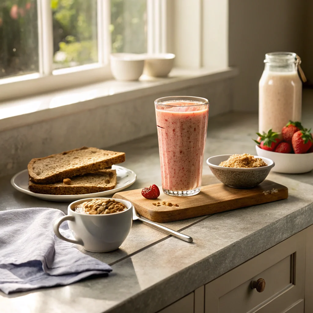 Bolthouse Farms breakfast smoothie on a kitchen table with a light breakfast and natural morning sunlight in the background.