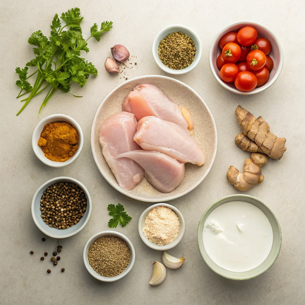 Flat-lay photo of fresh ingredients for keto butter chicken, including raw chicken, spices, tomatoes, and cream, displayed in small bowls.