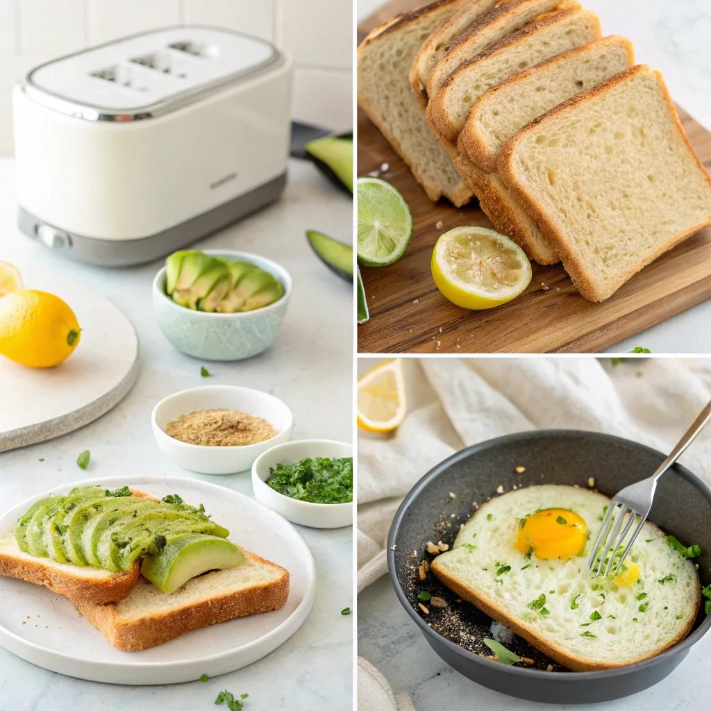 A 4-step collage showing the process of making avocado toast: toasting bread, mashing avocado, frying an egg, and assembling the final dish.
