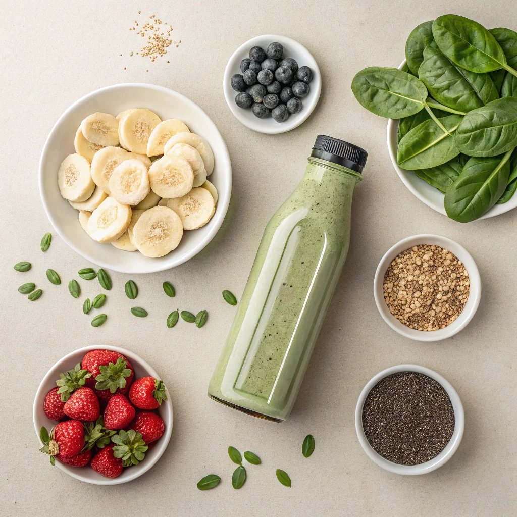 Top-down image of Bolthouse Farms breakfast smoothie with fresh fruits, greens, chia seeds, and yogurt arranged around it.